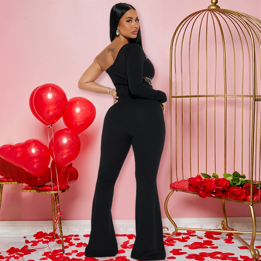 Shoulder long sleeve flare pants rhinestone fashion jumpsuit