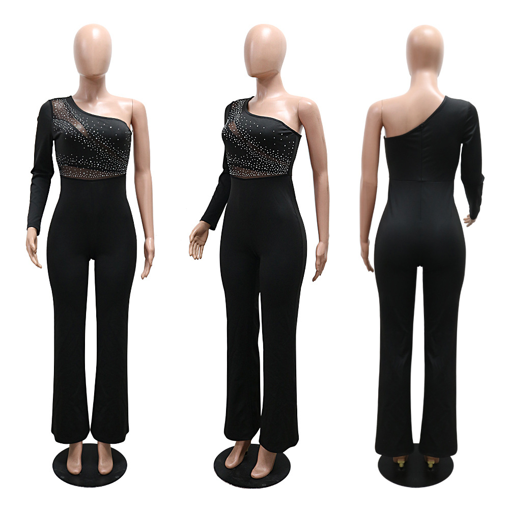 Shoulder long sleeve flare pants rhinestone fashion jumpsuit