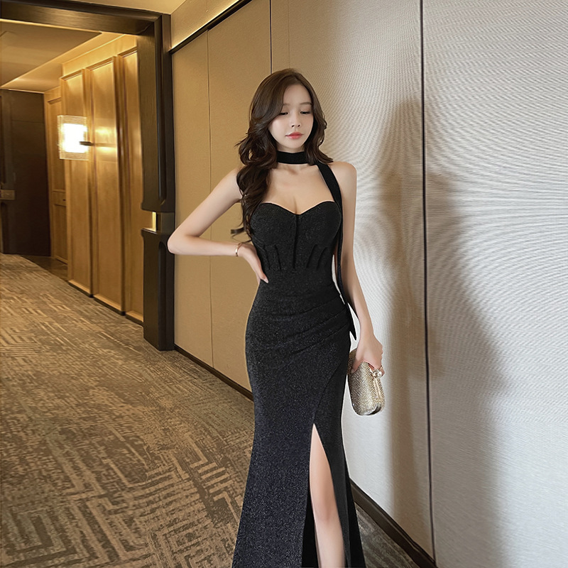 Halter banquet formal dress wrapped chest long dress