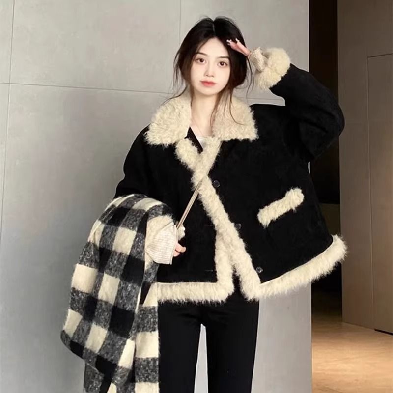 Winter black fur coat lambs wool plush tops for women