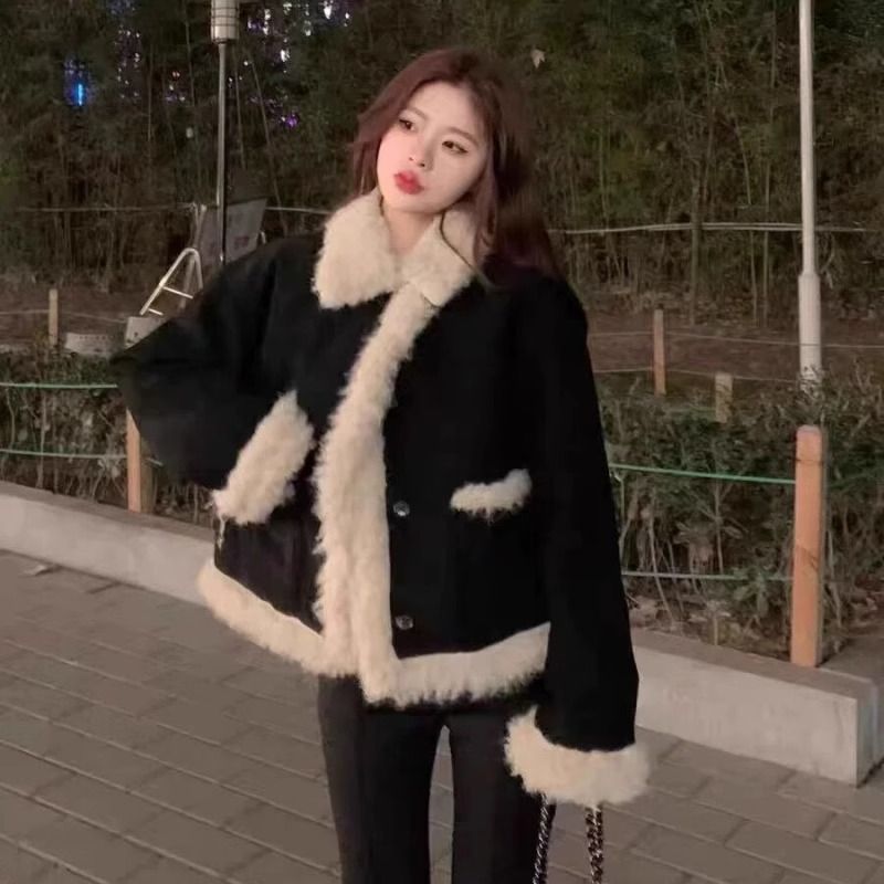 Winter black fur coat lambs wool plush tops for women