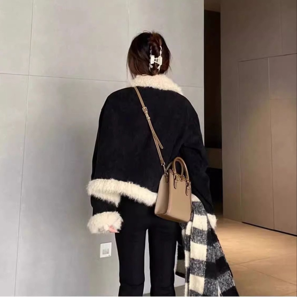 Winter black fur coat lambs wool plush tops for women