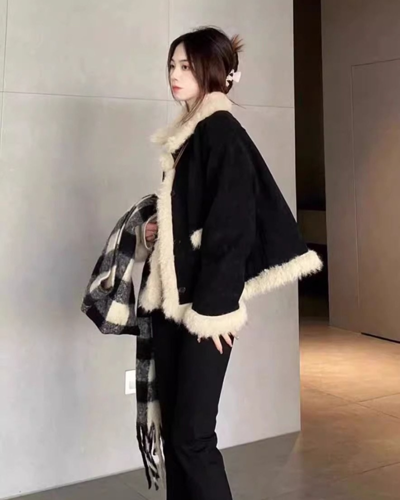 Winter black fur coat lambs wool plush tops for women