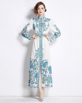 European style single-breasted cstand collar printing dress