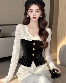 Lace velvet shirt splice bottoming shirt for women