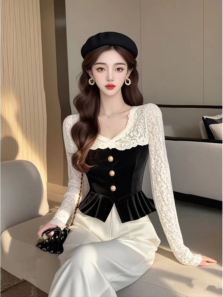 Lace velvet shirt splice bottoming shirt for women