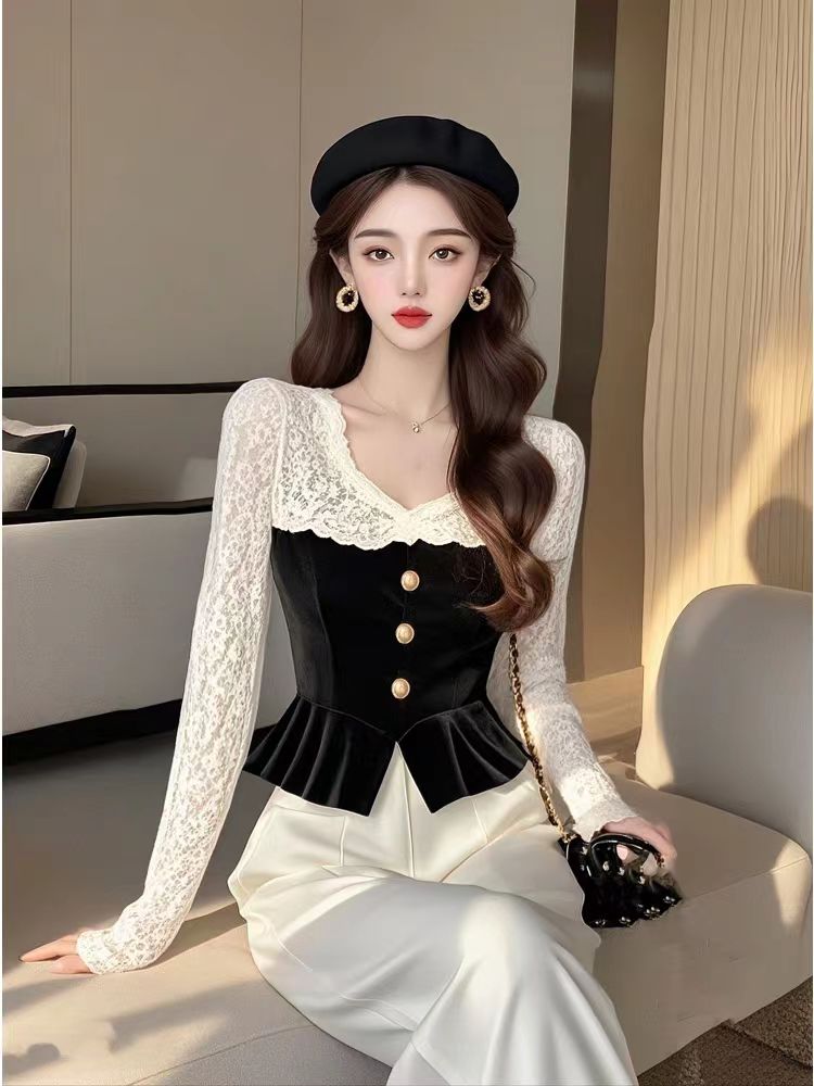 Lace velvet shirt splice bottoming shirt for women