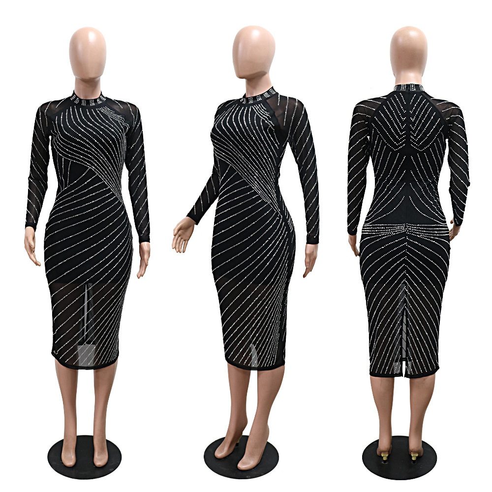 Slim long sleeve package hip rhinestone dress