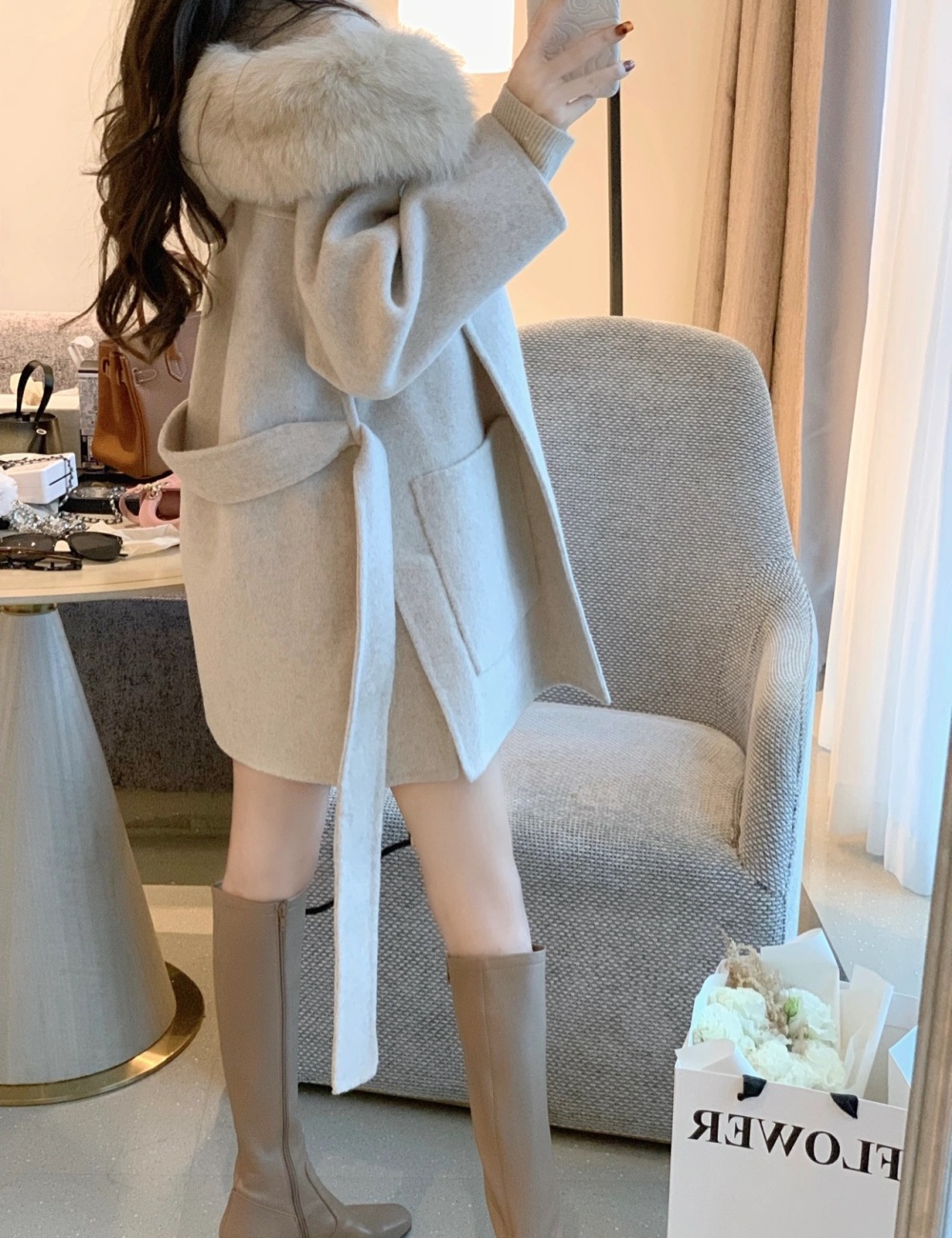 Long thick overcoat Hepburn style woolen coat for women