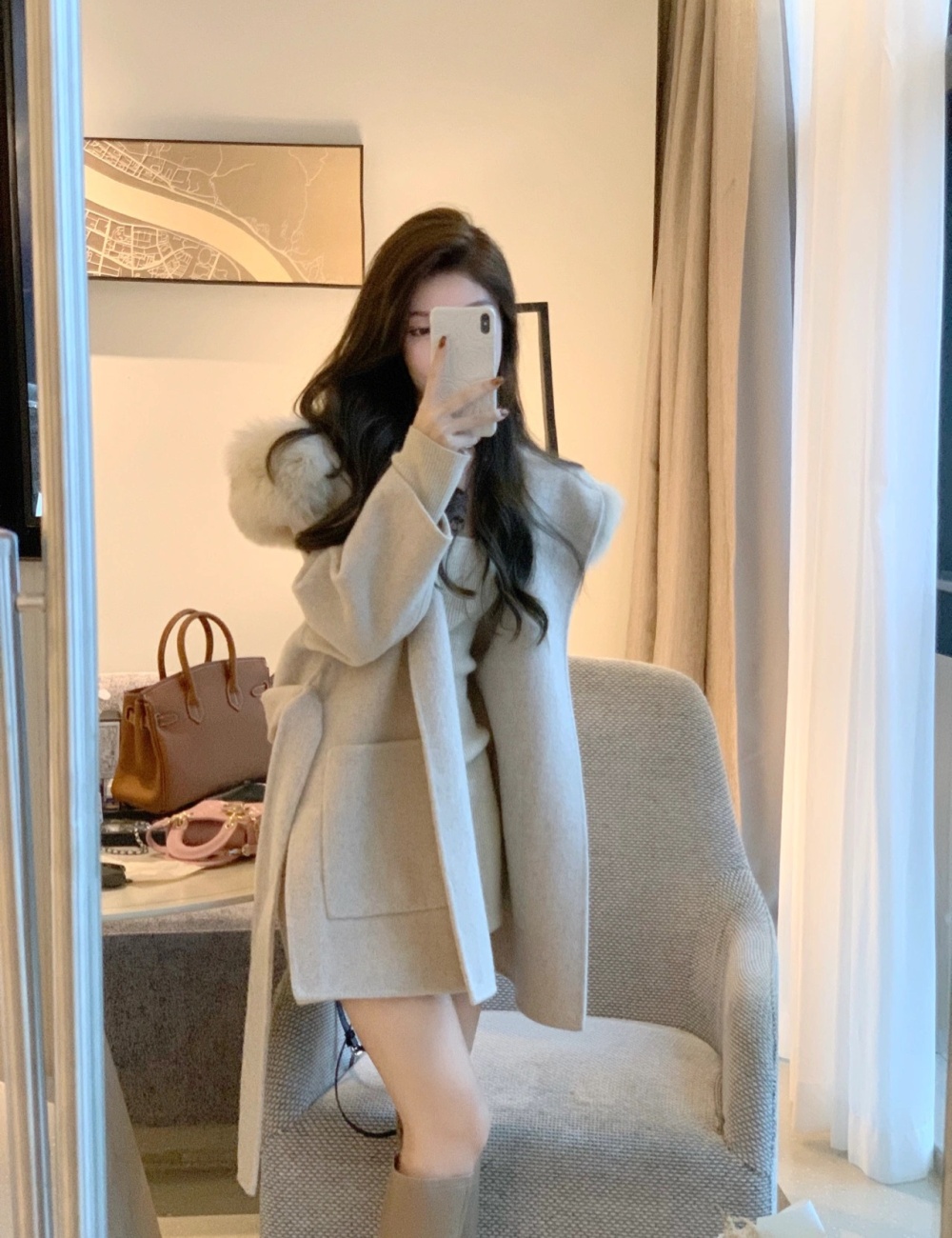 Long thick overcoat Hepburn style woolen coat for women