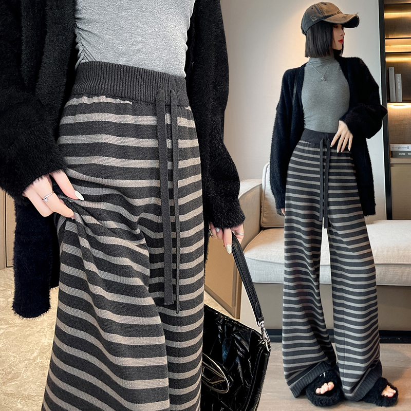 Stripe retro high waist pants knitted lazy wide leg pants