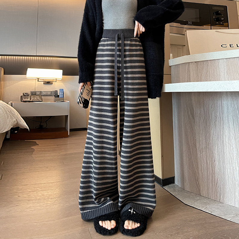 Stripe retro high waist pants knitted lazy wide leg pants