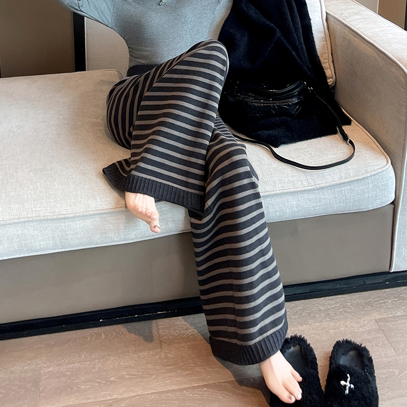 Stripe retro high waist pants knitted lazy wide leg pants