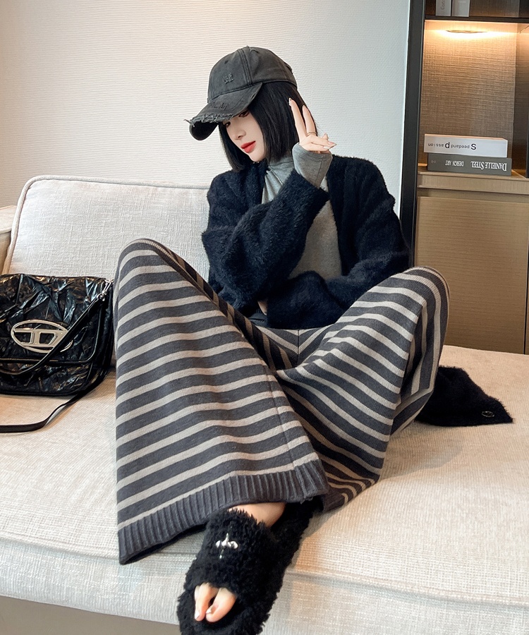 Stripe retro high waist pants knitted lazy wide leg pants