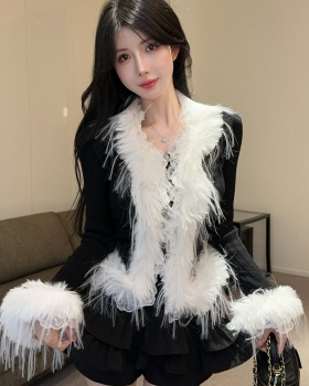 Lace splice V-neck coat enticement elmo winter tops