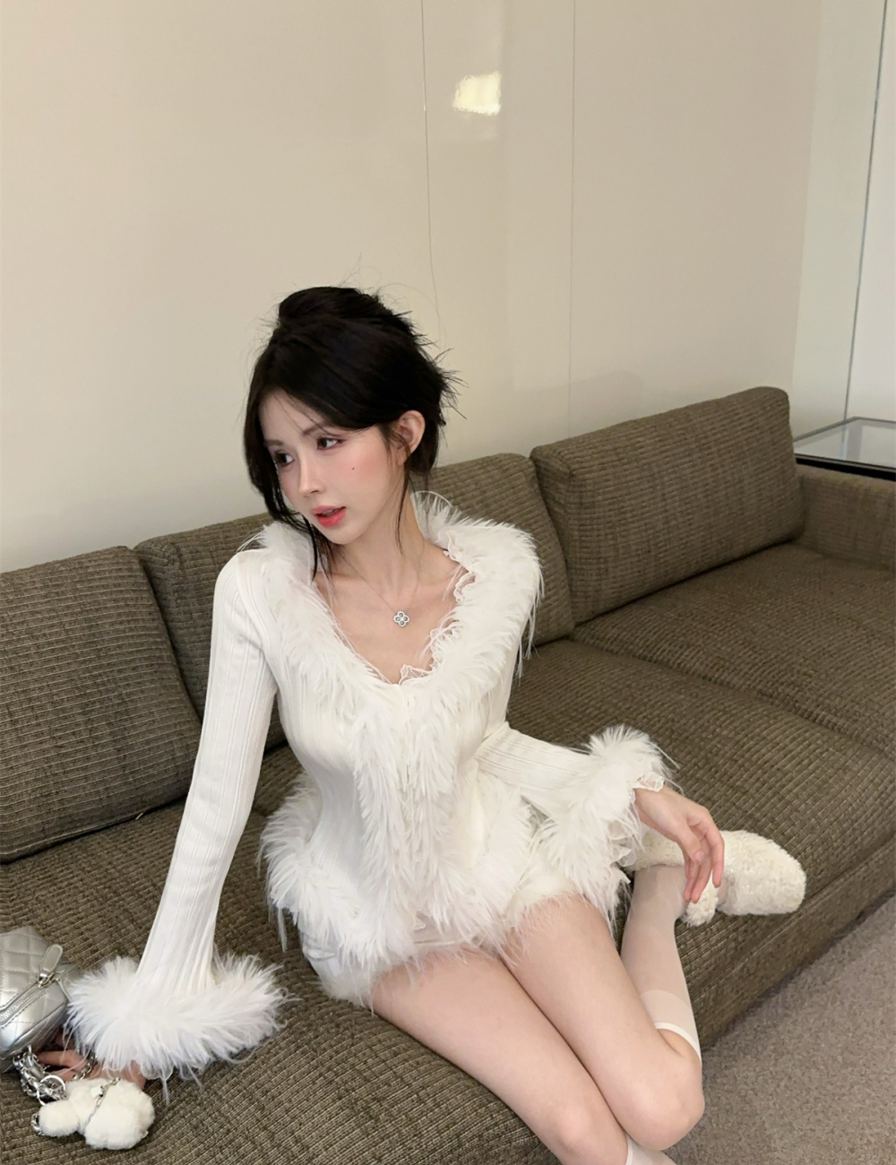 Lace splice V-neck coat enticement elmo winter tops