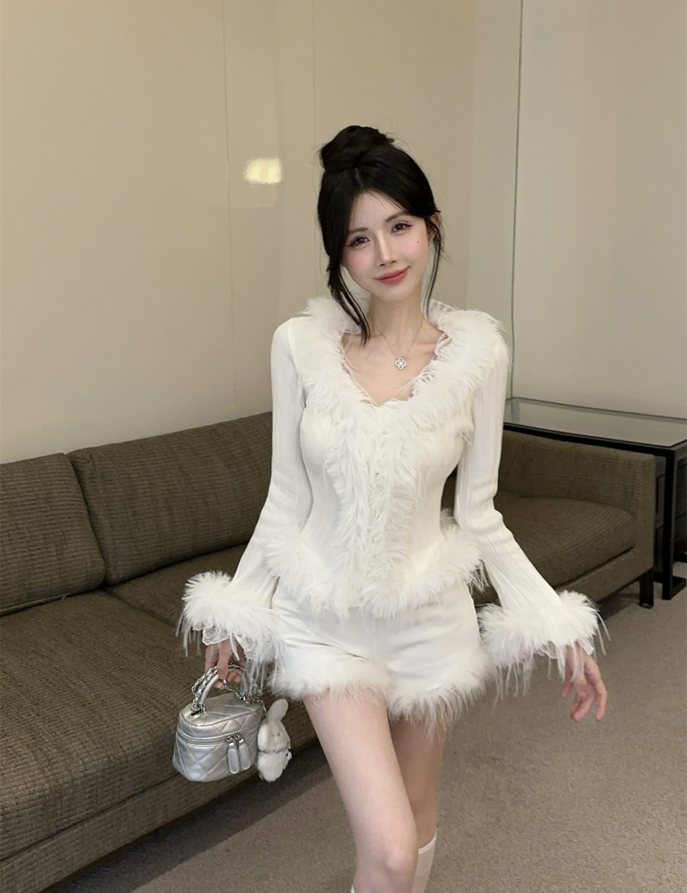 Lace splice V-neck coat enticement elmo winter tops