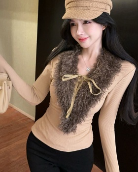 Bandage knitted bottoming shirt retro fur collar tops