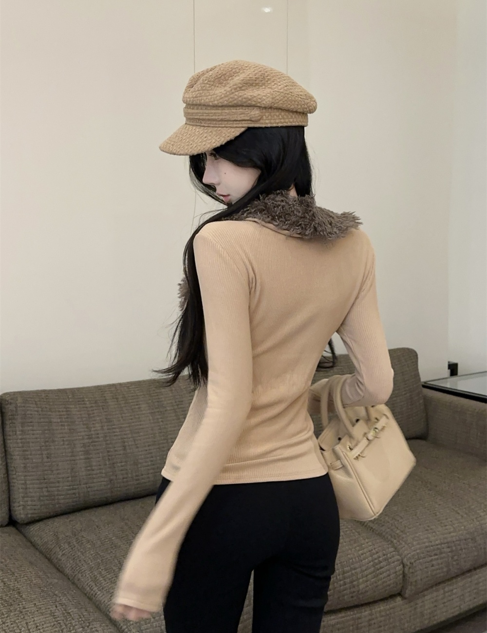 Bandage knitted bottoming shirt retro fur collar tops