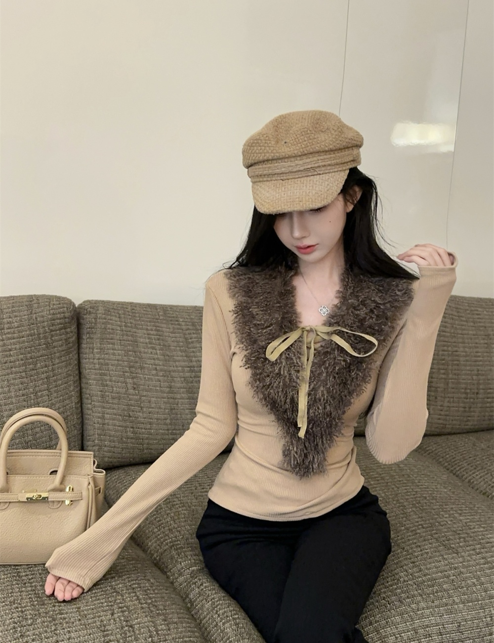 Bandage knitted bottoming shirt retro fur collar tops