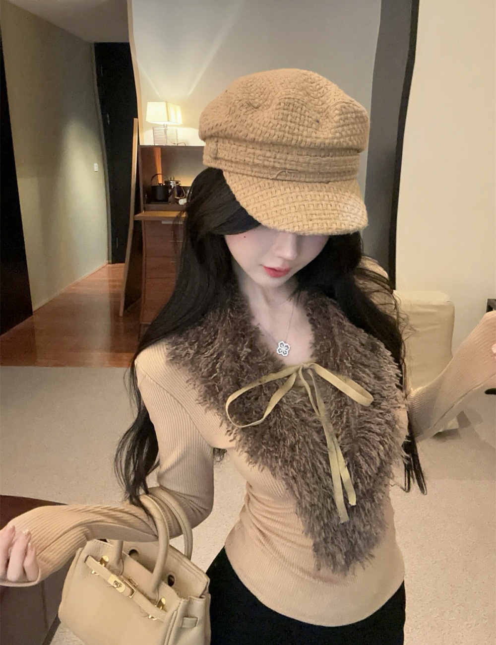 Bandage knitted bottoming shirt retro fur collar tops