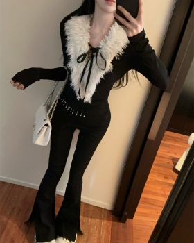 Winter knitted tops fur collar long pants a set for women