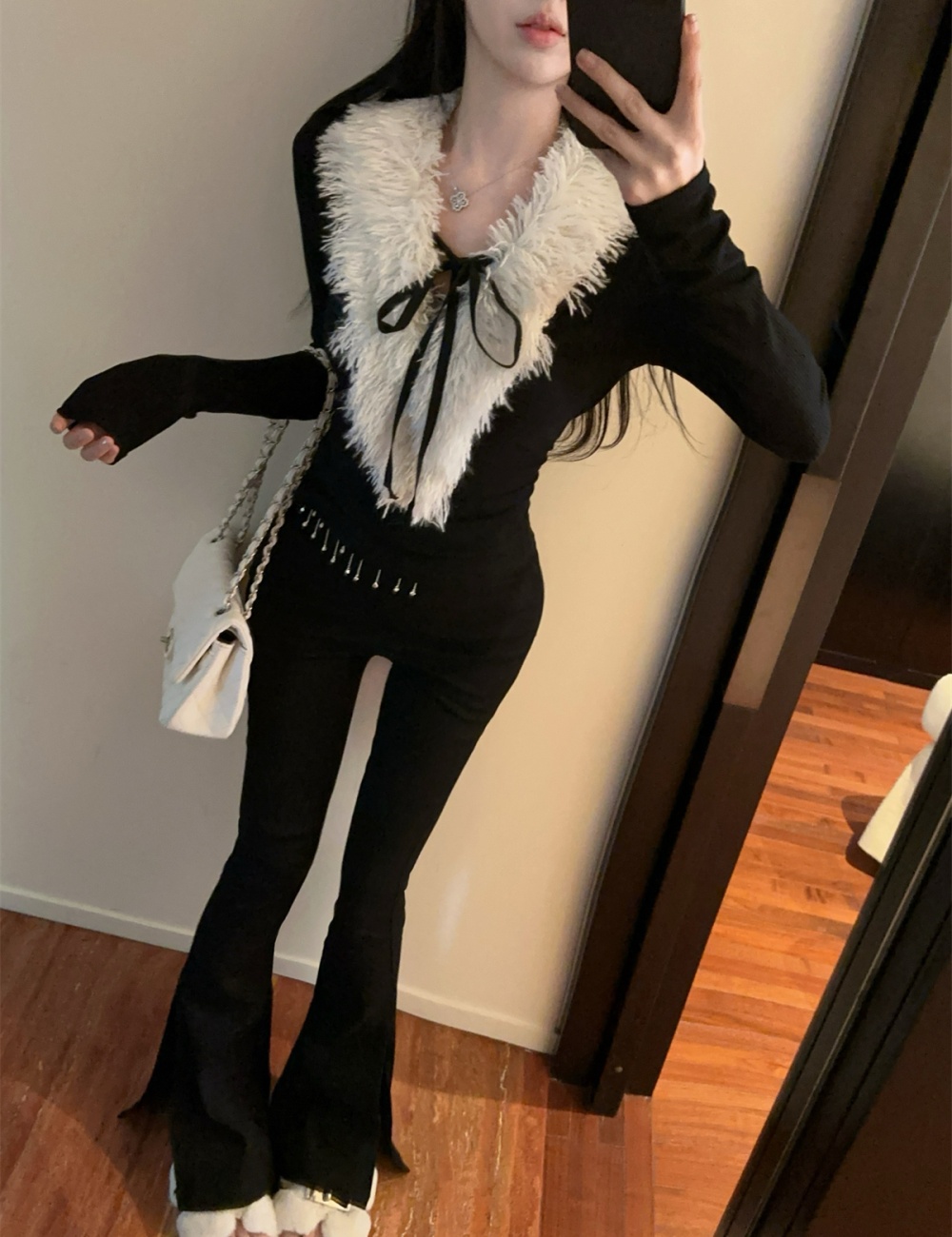 Winter knitted tops fur collar long pants a set for women