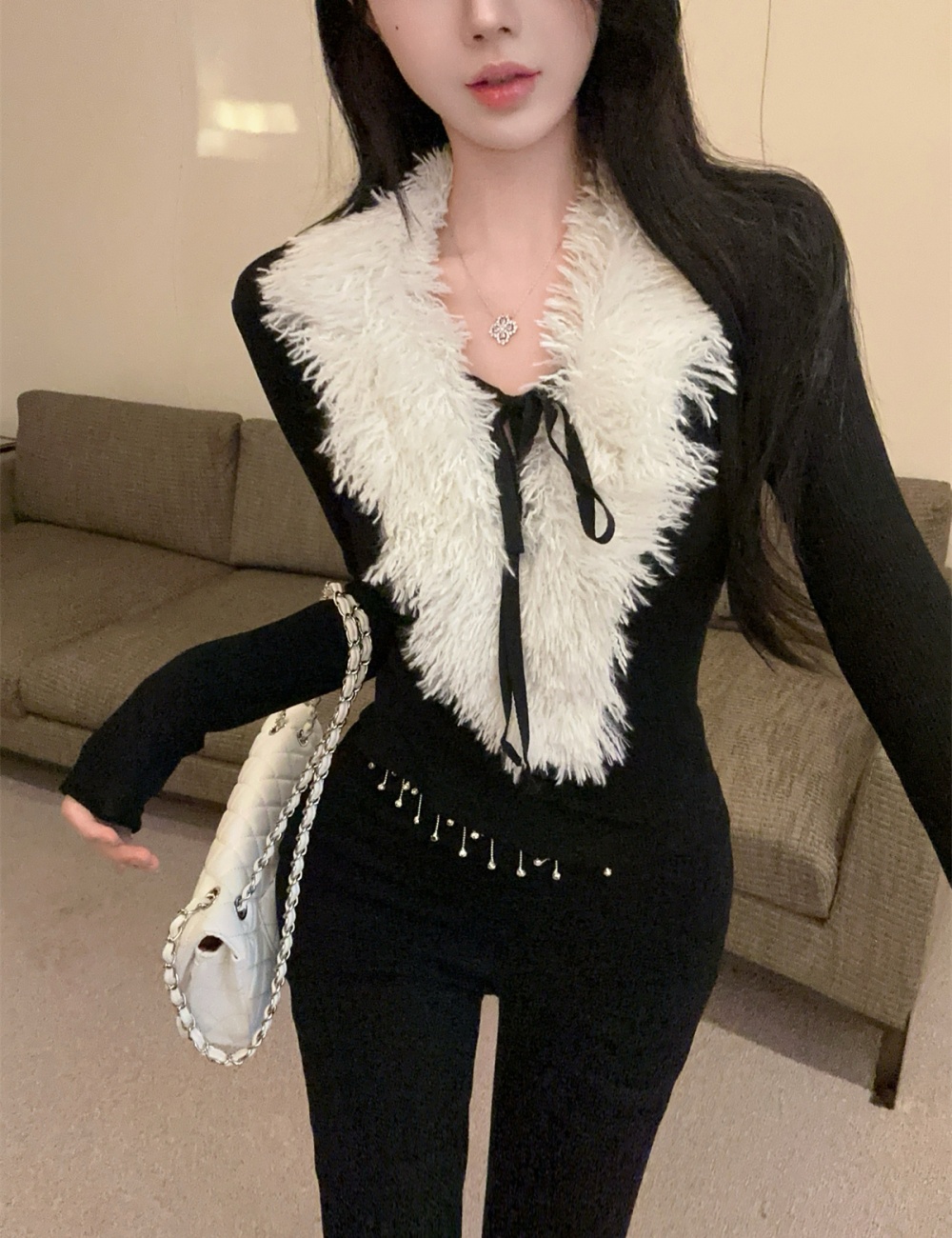 Winter knitted tops fur collar long pants a set for women