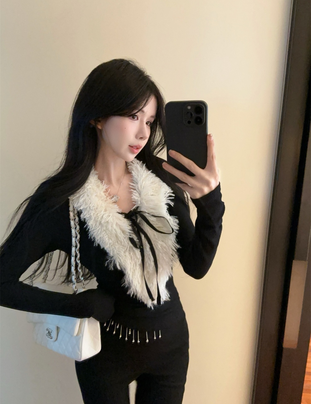 Winter knitted tops fur collar long pants a set for women