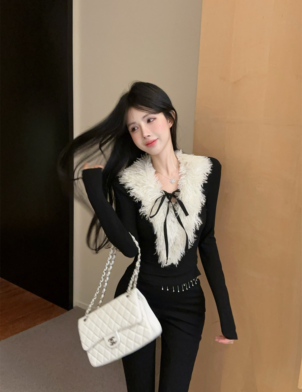 Winter knitted tops fur collar long pants a set for women