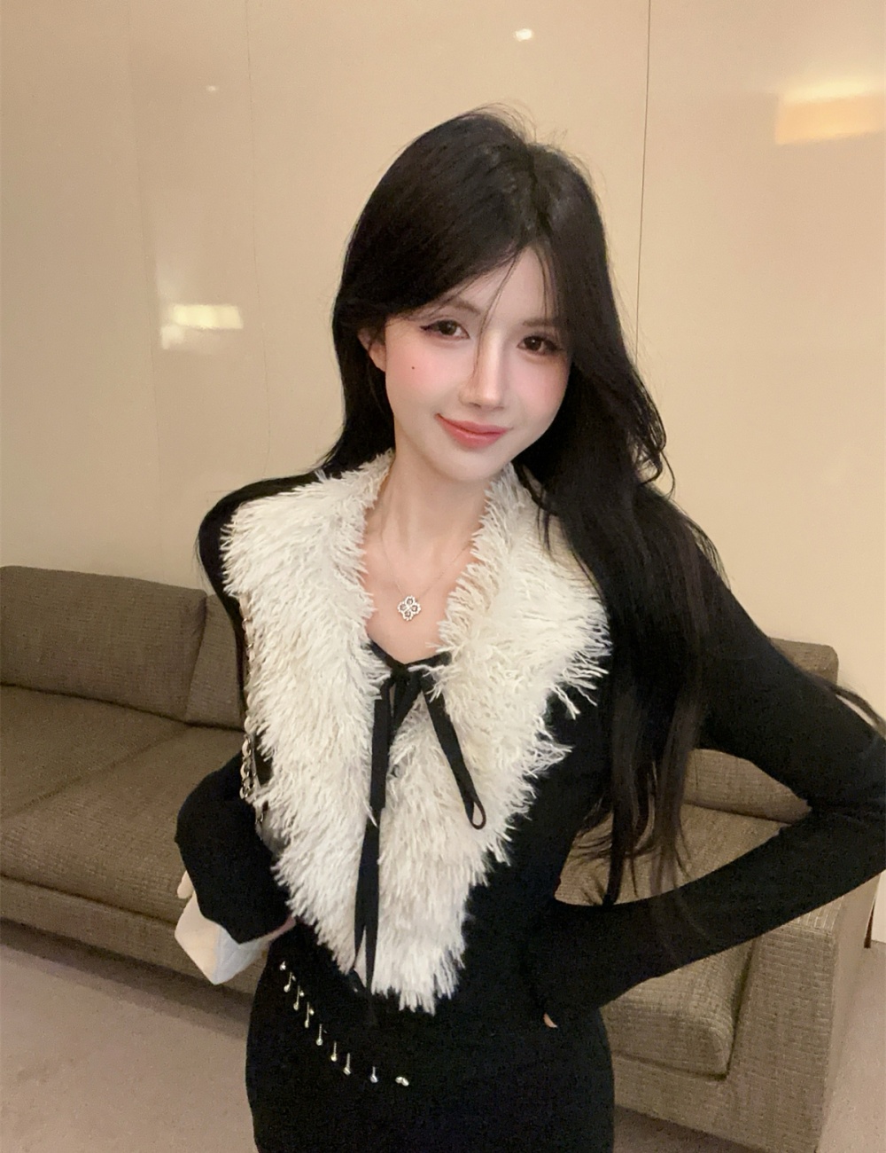 Winter knitted tops fur collar long pants a set for women