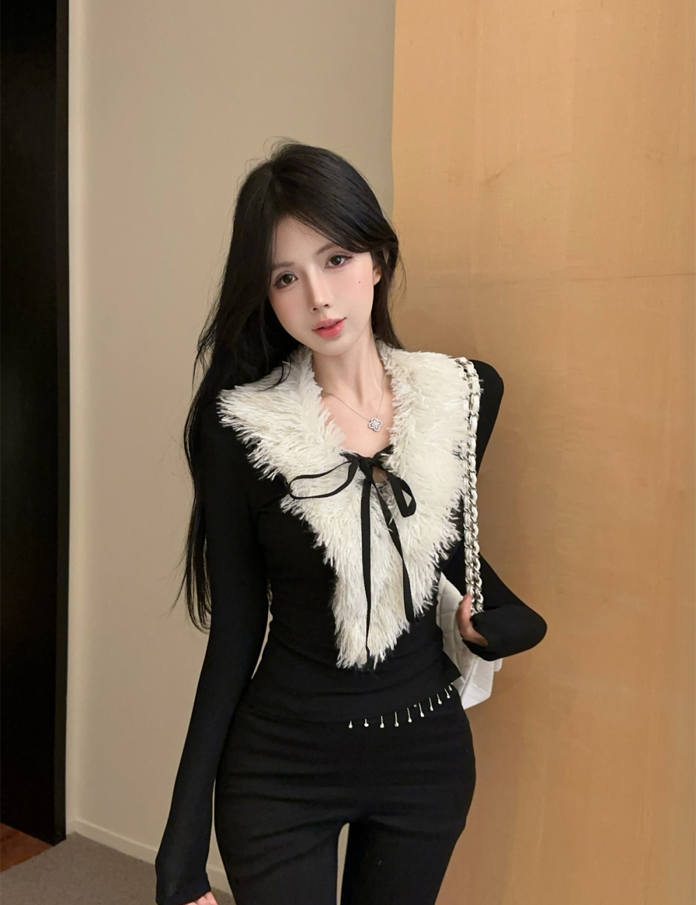 Winter knitted tops fur collar long pants a set for women