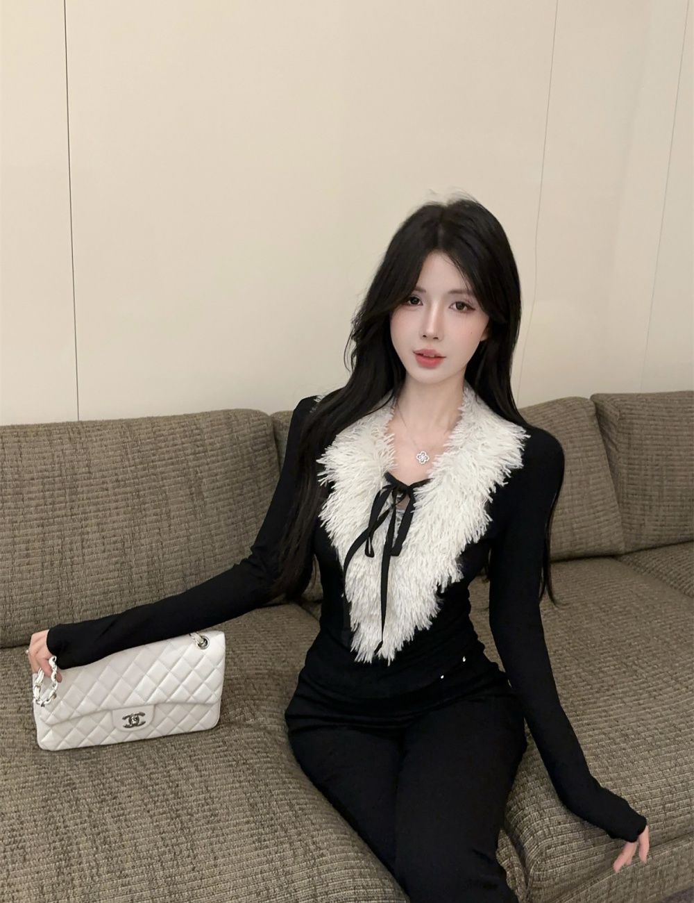 Winter knitted tops fur collar long pants a set for women