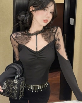 Splice hollow tops beauty back lace T-shirt for women