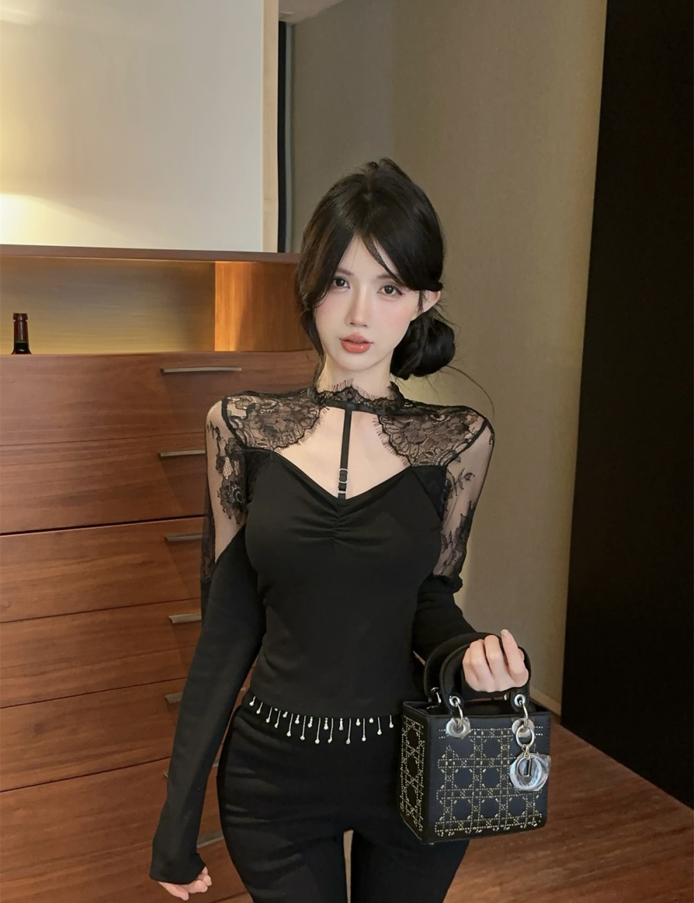 Splice hollow tops beauty back lace T-shirt for women