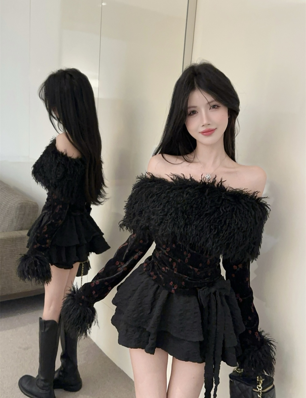 Tassels plus velvet cake tops elmo bow skirt 2pcs set