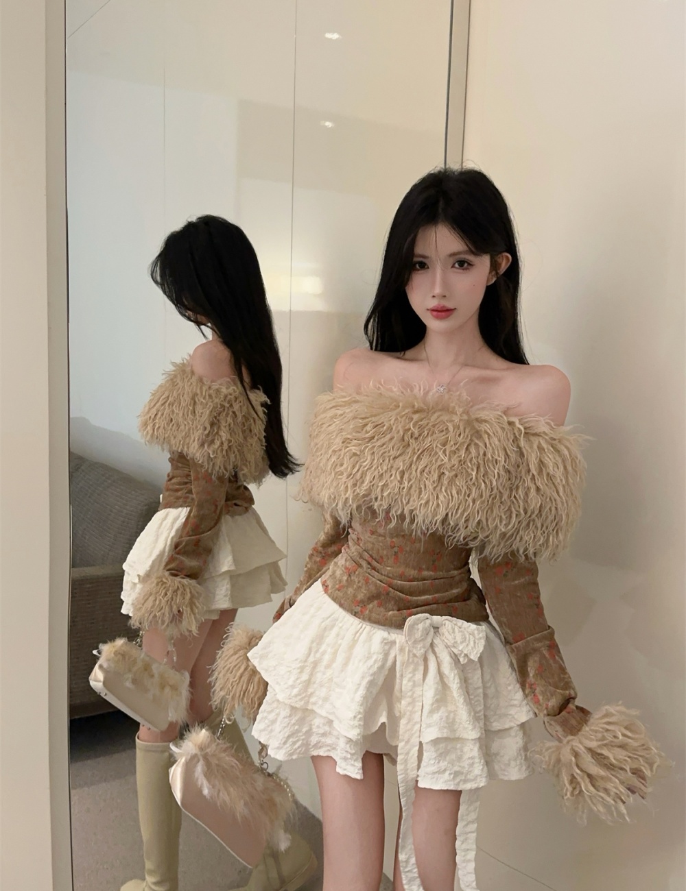 Tassels plus velvet cake tops elmo bow skirt 2pcs set