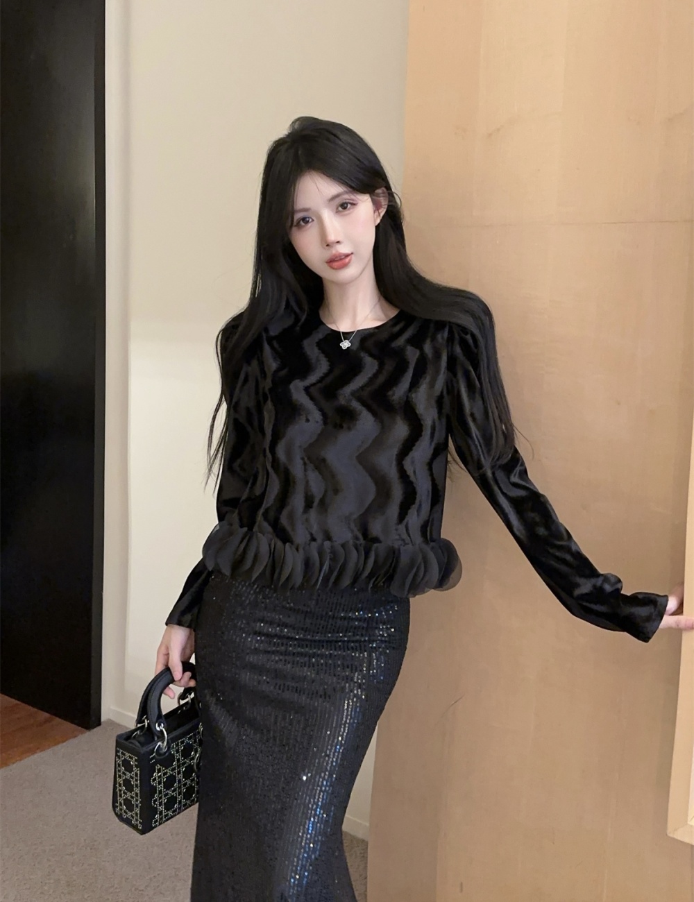 France style sequins tops slim skirt 2pcs set for women