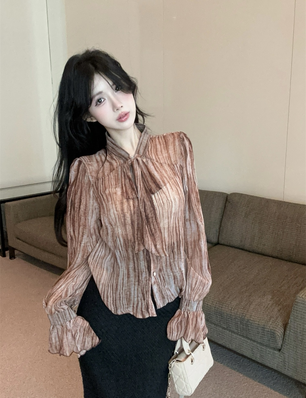 Bow long sleeve liangsi shirt frenum slim tops for women