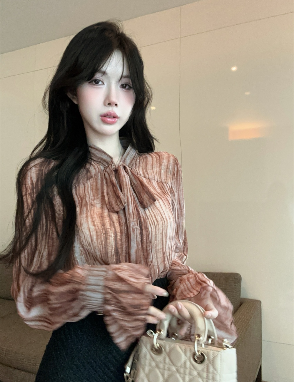 Bow long sleeve liangsi shirt frenum slim tops for women