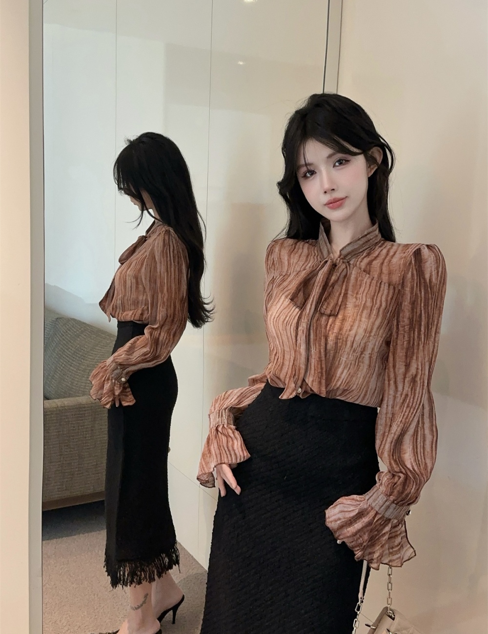 Bow long sleeve liangsi shirt frenum slim tops for women