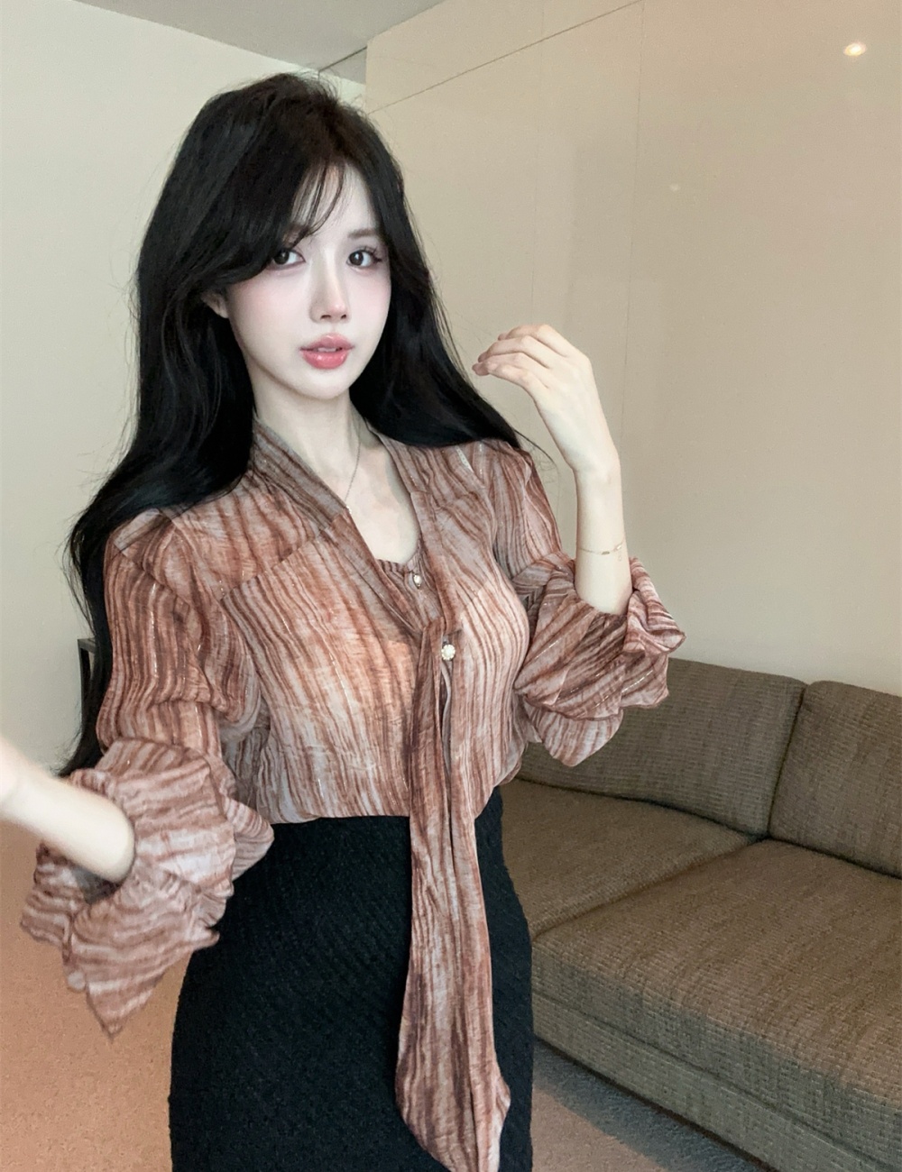 Bow long sleeve liangsi shirt frenum slim tops for women