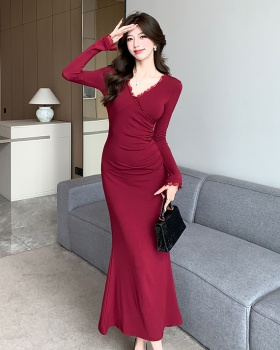 Long V-neck cashmere lace temperament sueding dress