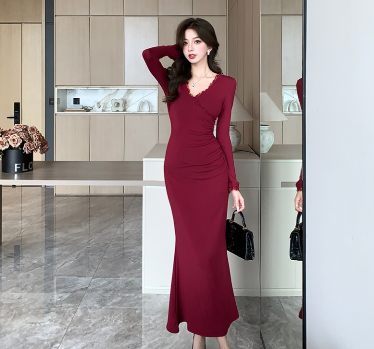 Long V-neck cashmere lace temperament sueding dress