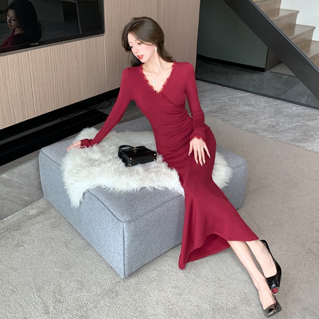 Long V-neck cashmere lace temperament sueding dress