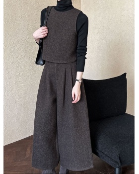 Woolen wide leg pants waistcoat 2pcs set for women