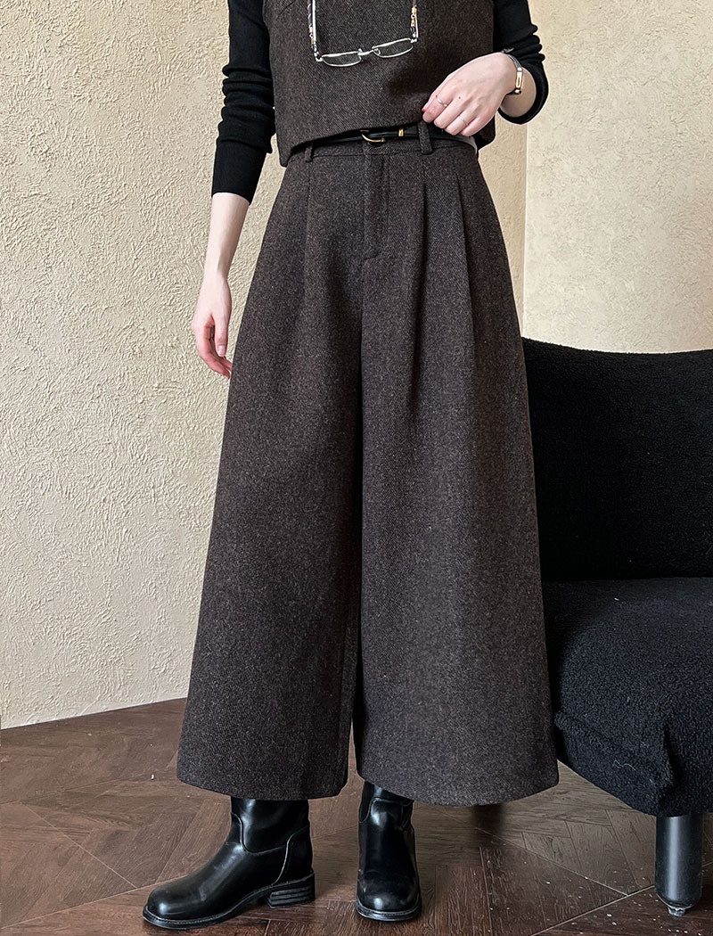 Woolen wide leg pants waistcoat 2pcs set for women