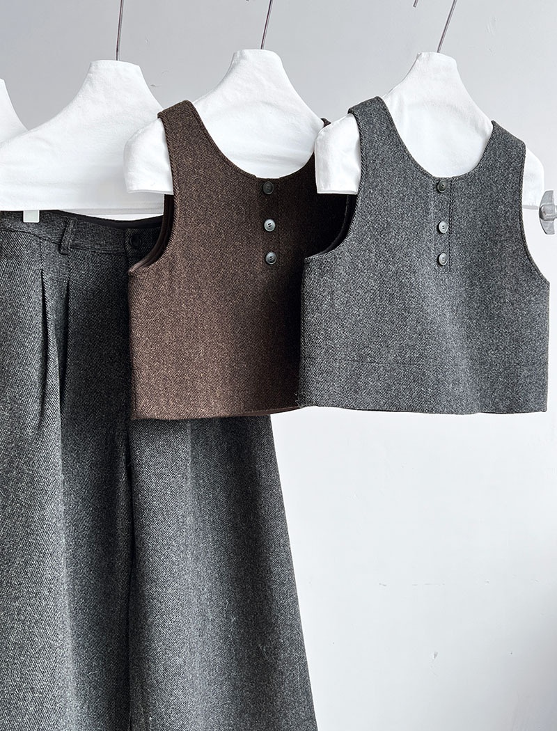 Woolen wide leg pants waistcoat 2pcs set for women