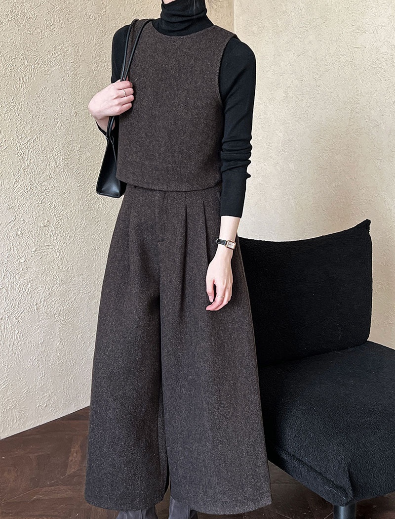 Woolen wide leg pants waistcoat 2pcs set for women