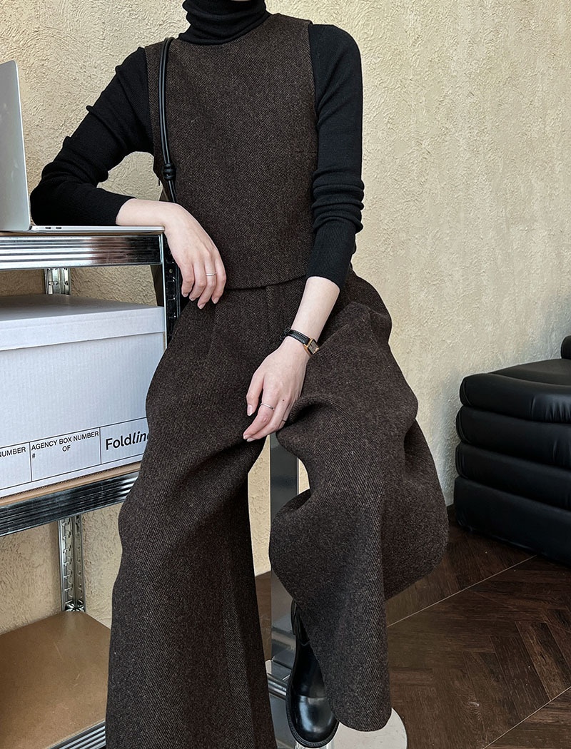 Woolen wide leg pants waistcoat 2pcs set for women